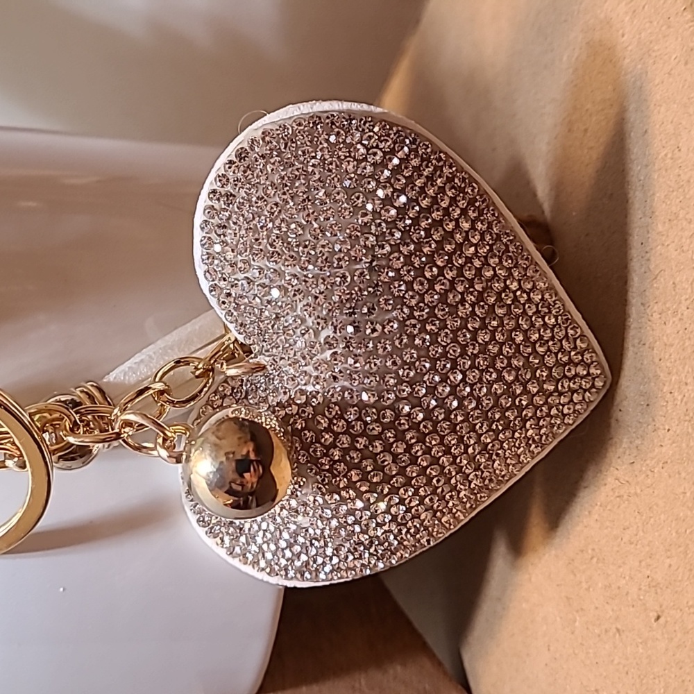 Rhinestone Heart Keychain Purse Charm Bag Charm Gold Ball White Tassel